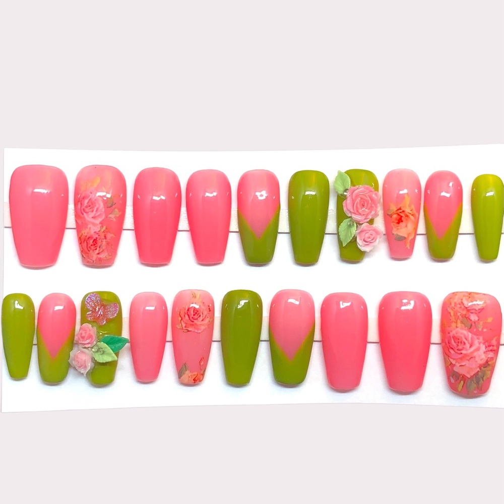 Custom Handmade Press On Nails UV Gel Long Coffin Pink Spring Roses Summer Nails - Picture 4 of 9